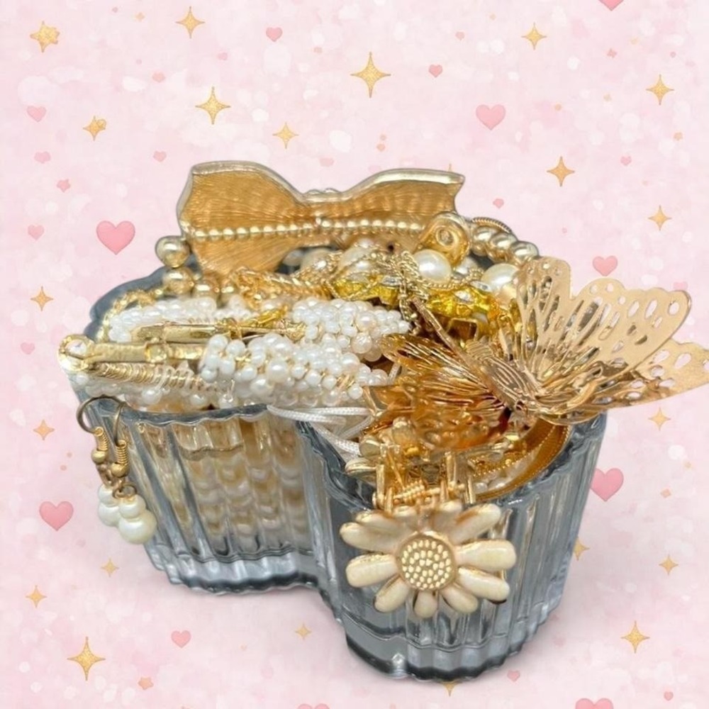 Mystery jewelry jar faux pearl gold tones girly coquette